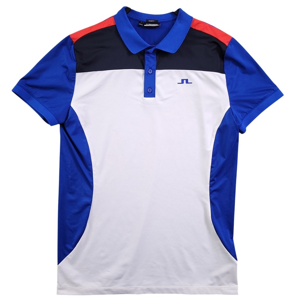 J Lindberg Polo Shirt Men M Roy Slim Fit White Blue Colorblock Golf Performance